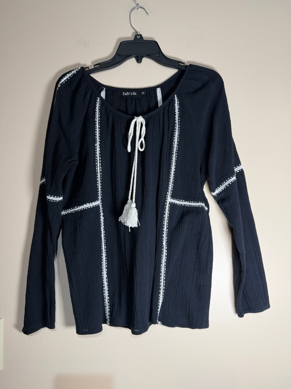 fab'rik Black Peasant Top with White Tassel Detail